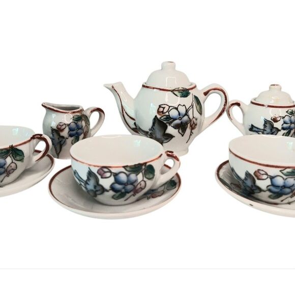 VTG Japanese Miniature Child's Tea Set Porcelain Blue Birds & Flowers 13 Pieces - Picture 6 of 16